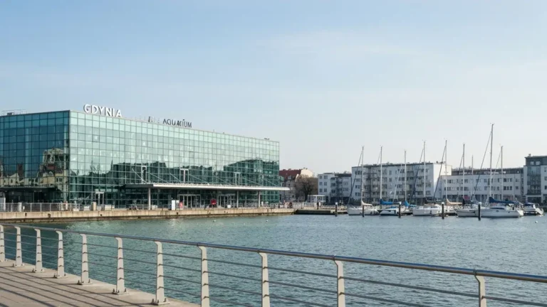 Akwarium Gdyńskie przy Molo Południowym z mariną i Zatoką Gdańską w tle