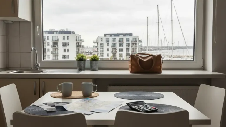 Stolik w apartamencie w Gdyni z kalkulatorem i widokiem na marinę