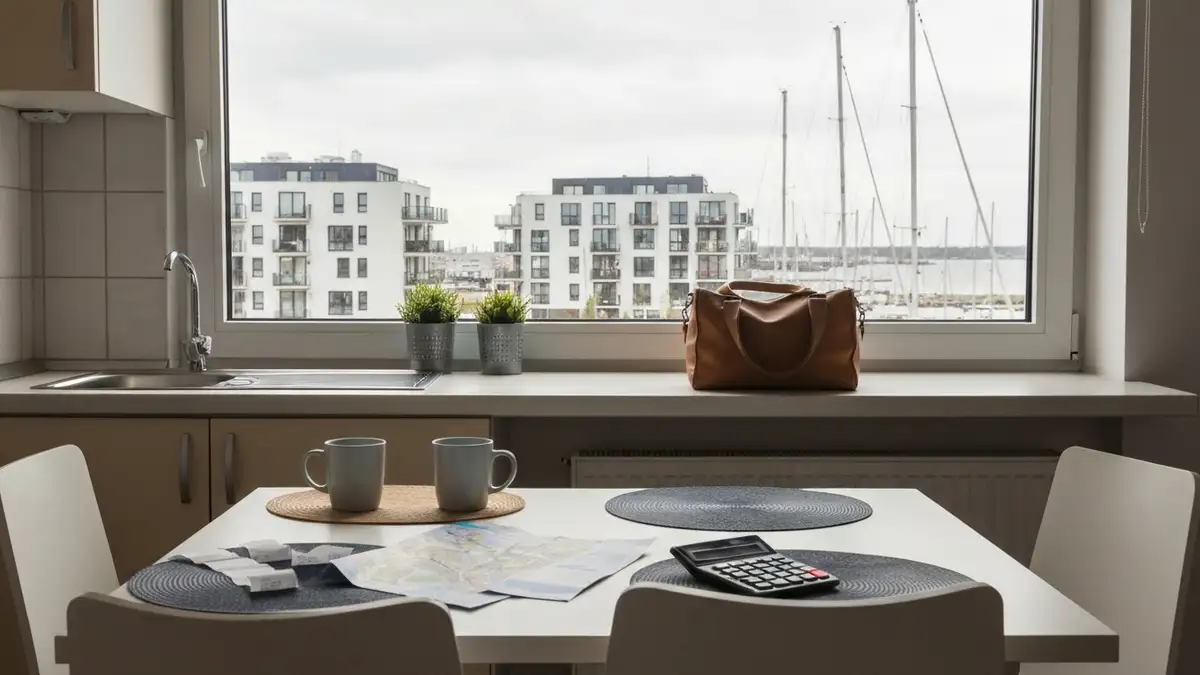 Stolik w apartamencie w Gdyni z kalkulatorem i widokiem na marinę
