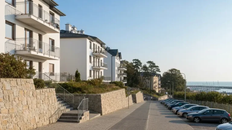 Apartamentowce na Kamiennej Górze w Gdyni z widokiem w stronę morza i mariny