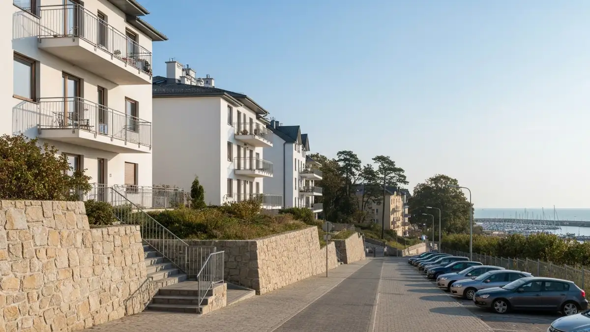 Apartamentowce na Kamiennej Górze w Gdyni z widokiem w stronę morza i mariny