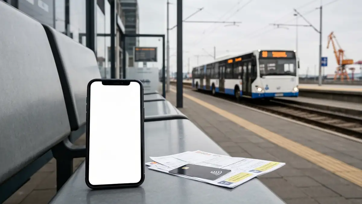 Smartfon z aplikacja biletowa na przystanku w Gdyni, w tle autobus i miejska zabudowa