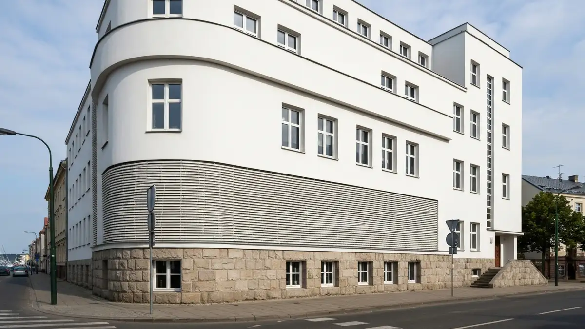 Modernistyczna kamienica w centrum Gdyni z zaokraglonym naroznikiem i pasmowymi oknami
