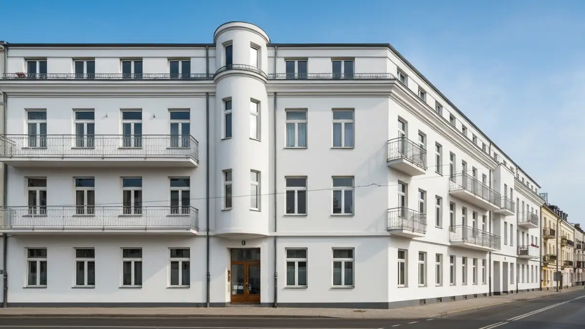 Modernistyczna kamienica w centrum Gdyni z jasna elewacja i zaokraglonym naroznikiem