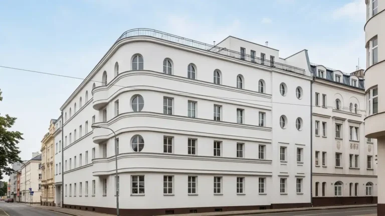 Biala modernistyczna kamienica w Gdyni z balkonami jak poklady statku
