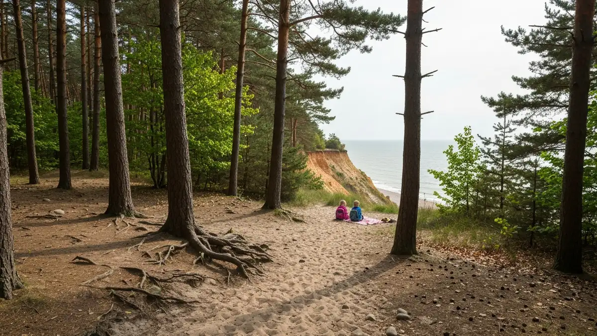 Leśna ścieżka na Kępie Redłowskiej z widokiem na morze i klif w Gdyni