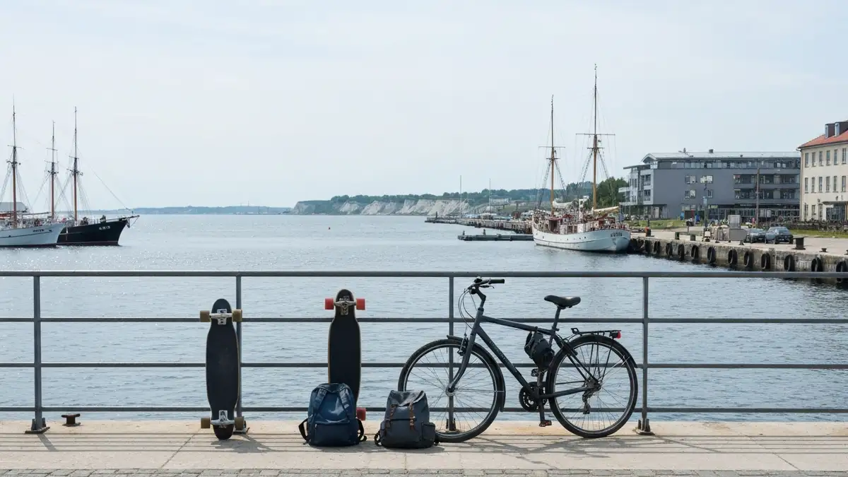 Longboardy i rower przy nabrzeżu w Gdyni, w tle port i historyczne statki