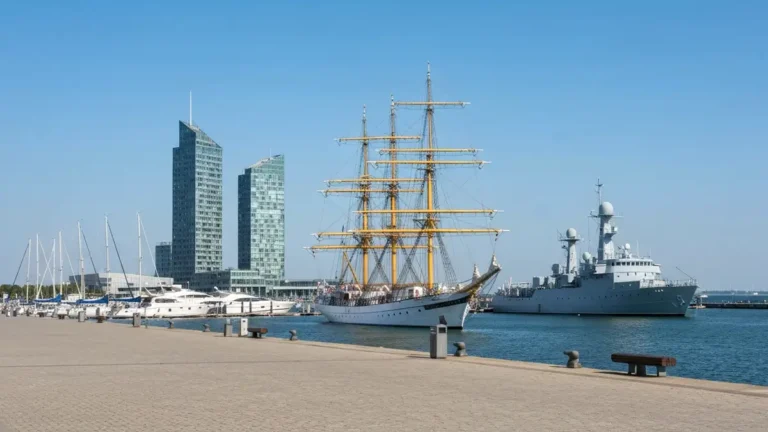 Statki muzealne i marina przy Skwerze Kosciuszki w Gdyni w dziennym swietle