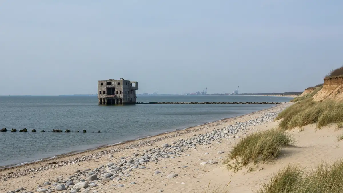 Plaża Babie Doły w Gdyni z widokiem na torpedownię i klif nad Zatoką Gdańską