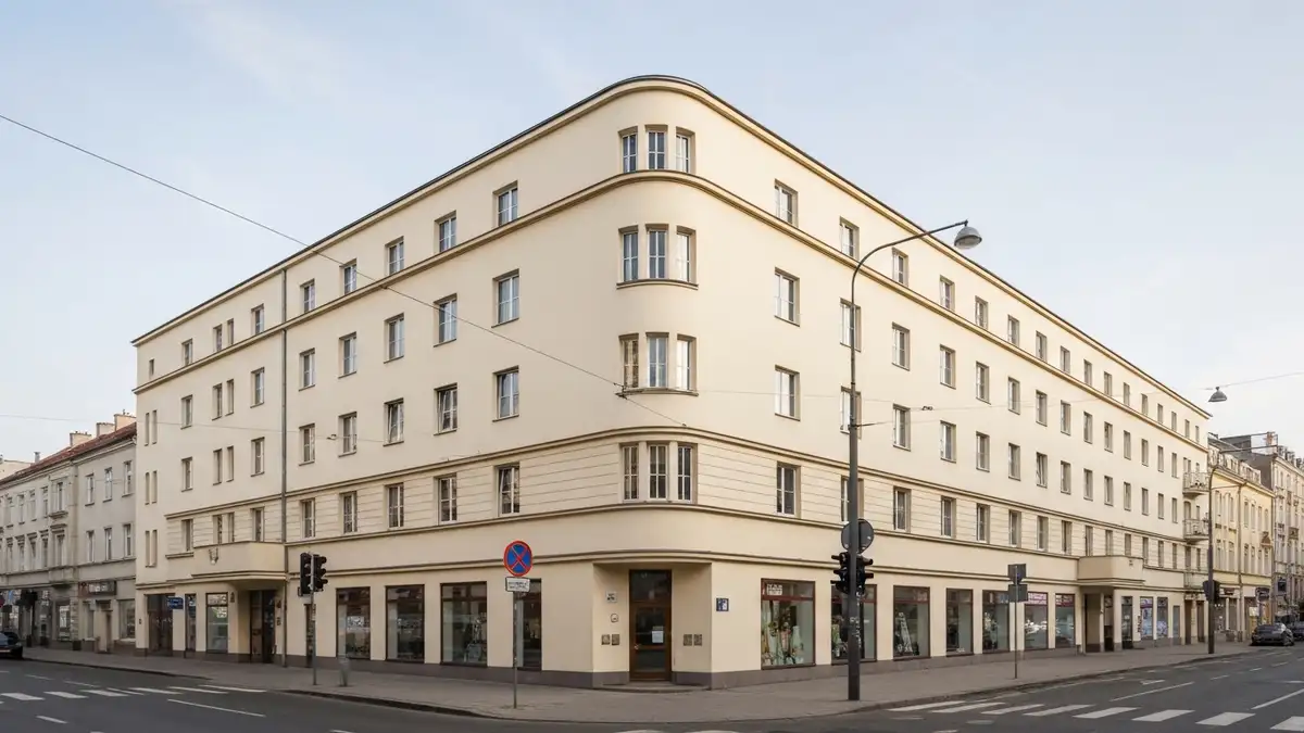 Modernistyczny Bankowiec w Gdyni przy 10 Lutego z jasna fasada i zaokraglonym naroznikiem