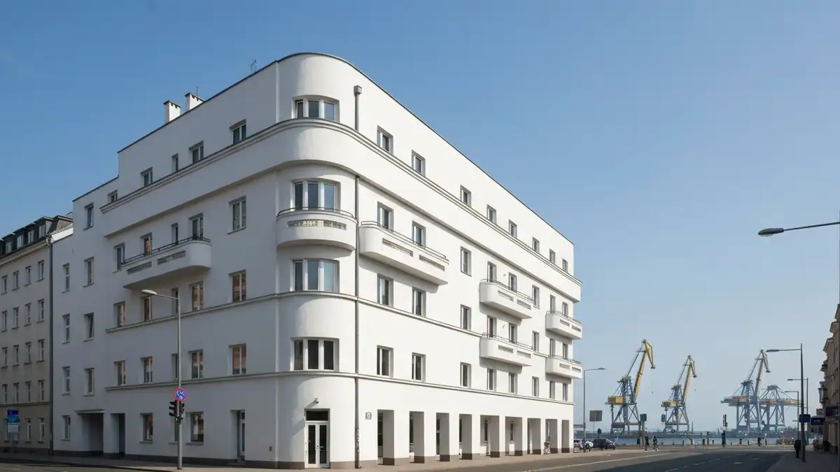 Biala modernistyczna kamienica w centrum Gdyni z portem w tle