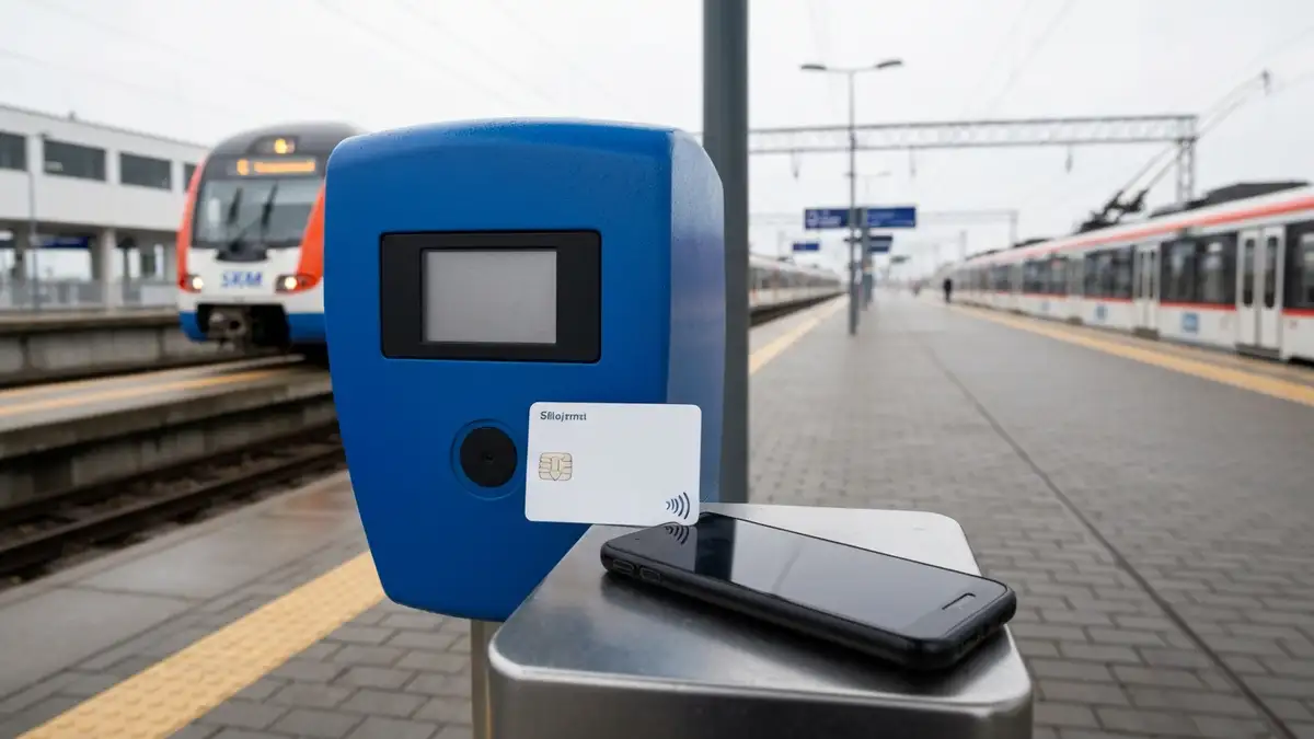 Karta i kasownik przy komunikacji miejskiej w Gdyni, w tle pociąg SKM i modernistyczna zabudowa