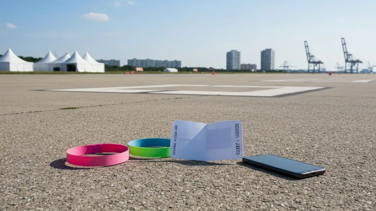 Opaski festiwalowe i bilet na betonie lotniska Gdynia-Kosakowo