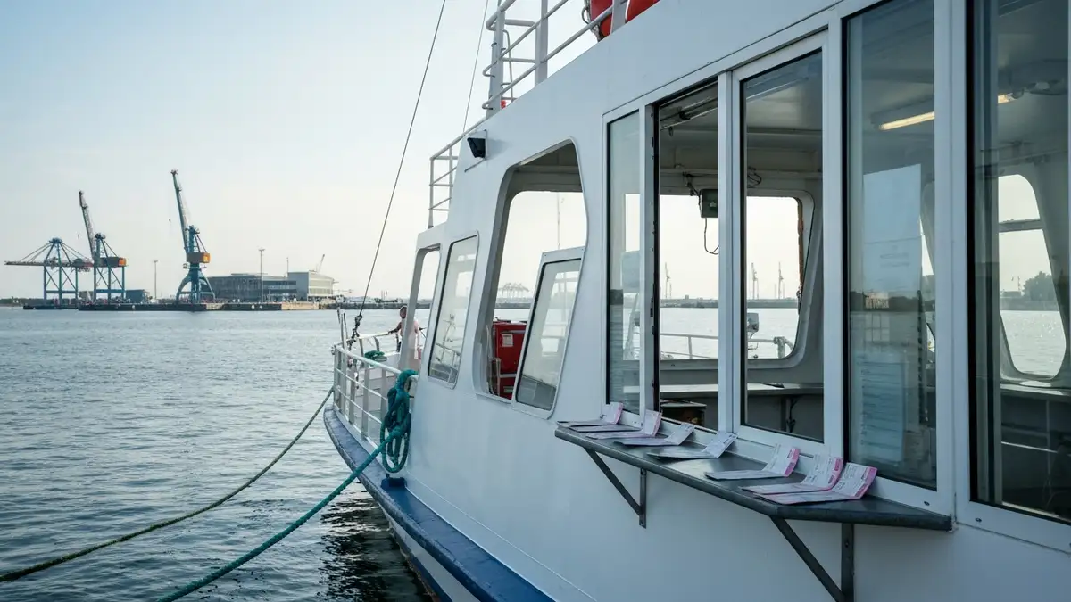 Prom przy Nabrzeżu Prezydenta w Gdyni z kasą biletową i mariną w tle