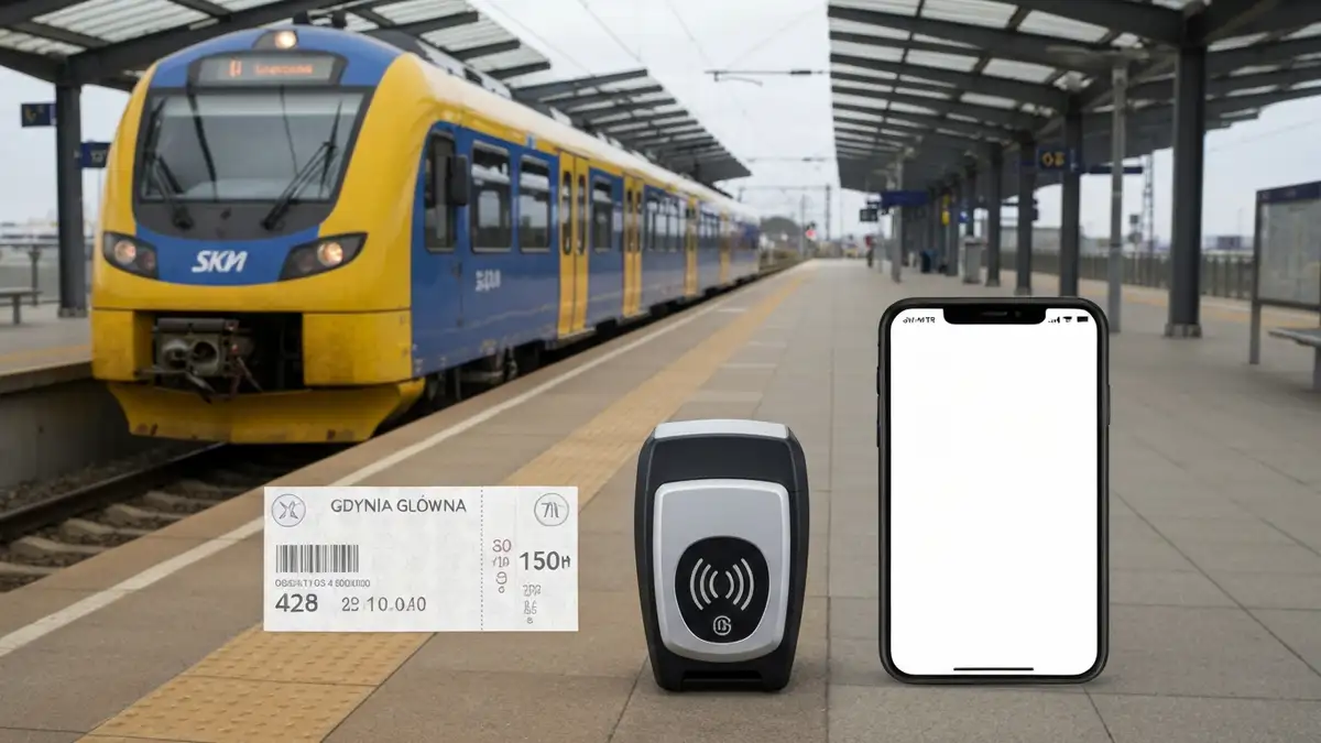 Bilet SKM i kasownik na peronie Gdynia Glowna z pociagiem w tle