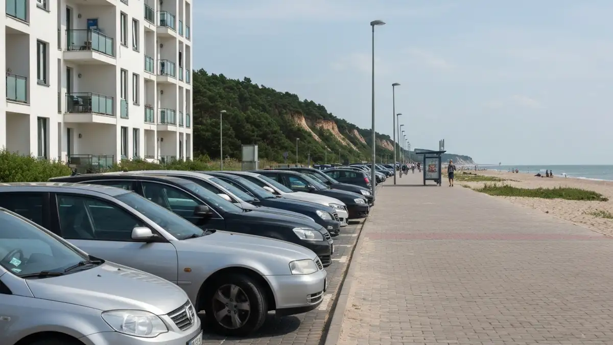 Zatloczony parking przy gdyńskiej plaży i bulwarze nad morzem