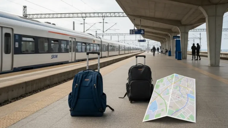 Walizka i plecak przy stacji SKM w Gdyni jako plan B na nocleg podczas Open'er