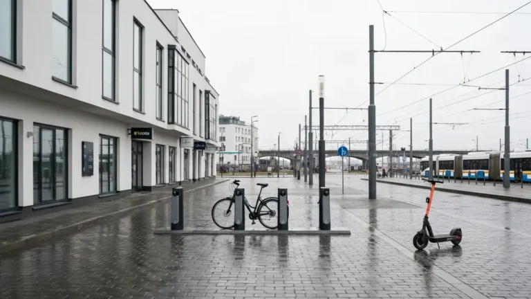 Pusta stacja rowerów Mevo w centrum Gdyni z tłem komunikacji miejskiej