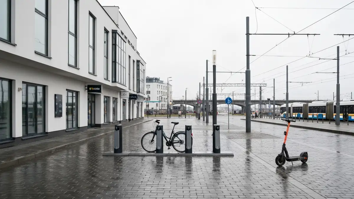 Pusta stacja rowerów Mevo w centrum Gdyni z tłem komunikacji miejskiej