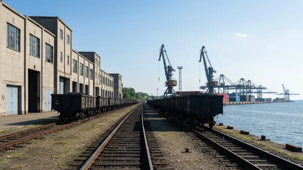 Tory kolejowe, wagony z węglem i dźwigi portowe w gdyńskim porcie nad Bałtykiem