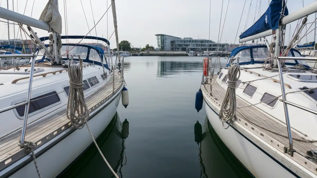 Jacht czarterowy przy kei w Marinie Gdynia z widokiem na nabrzeze i maszty