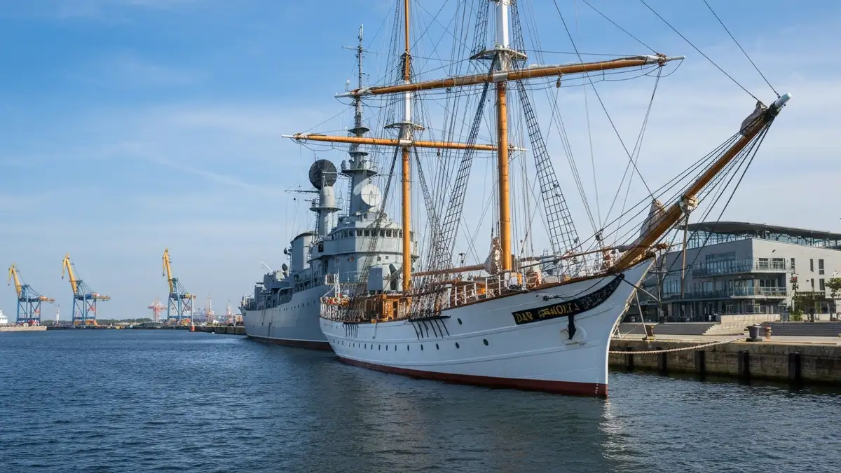 Dar Pomorza i ORP Błyskawica przy Nabrzeżu Pomorskim w Gdyni