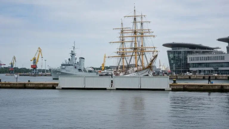 Zamkniete wejscie na Dar Pomorza przy Molo Poludniowym w Gdyni z widokiem na port i nabrzeze