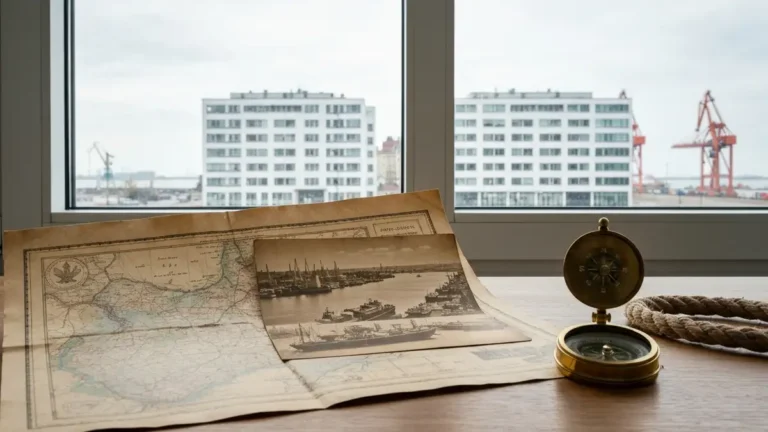 Archiwalna mapa i zdjecie portu na tle modernistycznej Gdyni