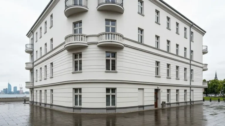Modernistyczna kamienica w centrum Gdyni na tle portowego krajobrazu