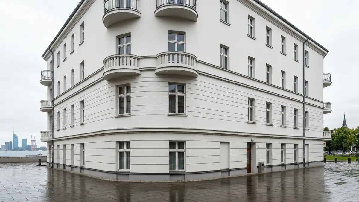 Modernistyczna kamienica w centrum Gdyni na tle portowego krajobrazu