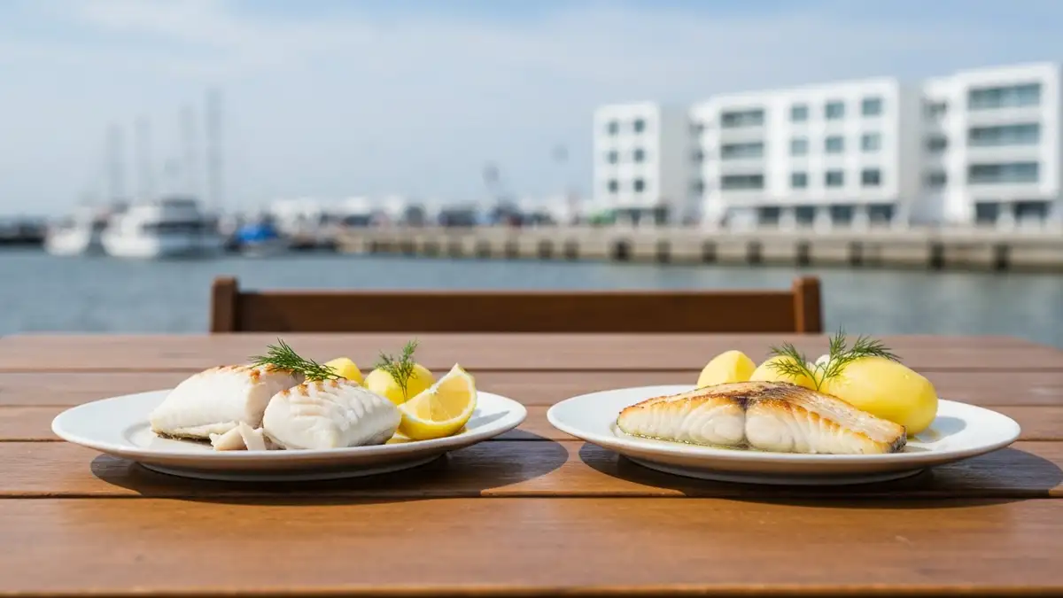 Dorsz i halibut na talerzach w gdyńskiej restauracji z portem w tle