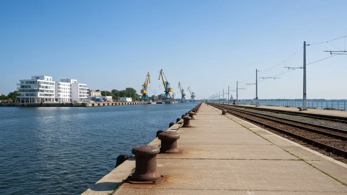 Nabrzeze portowe w Gdyni ze Skwerem Kosciuszki i modernistyczna zabudowa w tle