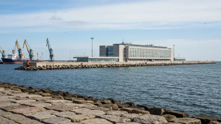 Falochron i Kapitanat Portu Gdynia widziane od strony publicznego nabrzeza