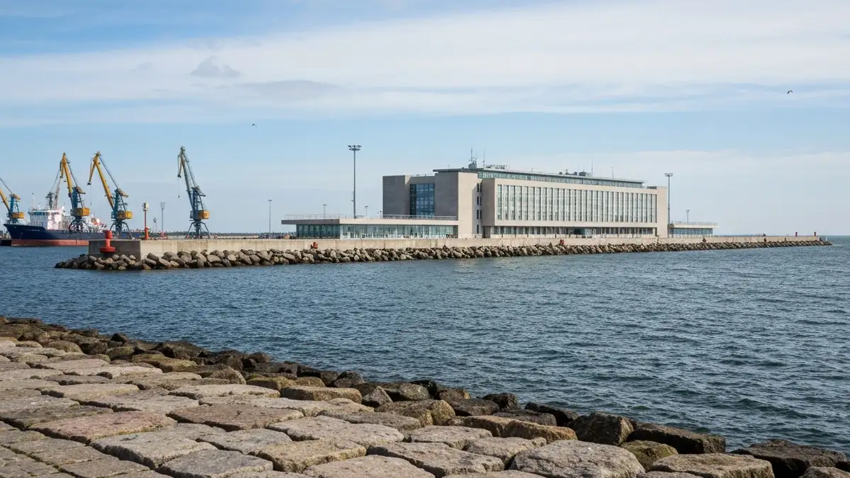 Falochron i Kapitanat Portu Gdynia widziane od strony publicznego nabrzeza