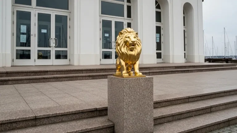 Zlota statuetka lwa przed modernistycznym kinem w centrum Gdyni
