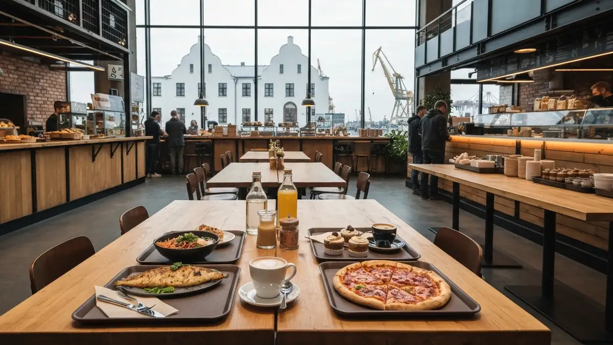 Wspólny stół z jedzeniem w gdyńskim food hallu, w tle modernistyczne centrum i port