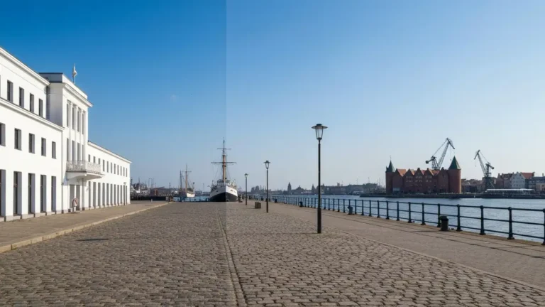Nabrzeze w Trojmiescie z modernizmem Gdyni i sylwetkami zabytkow Gdanska