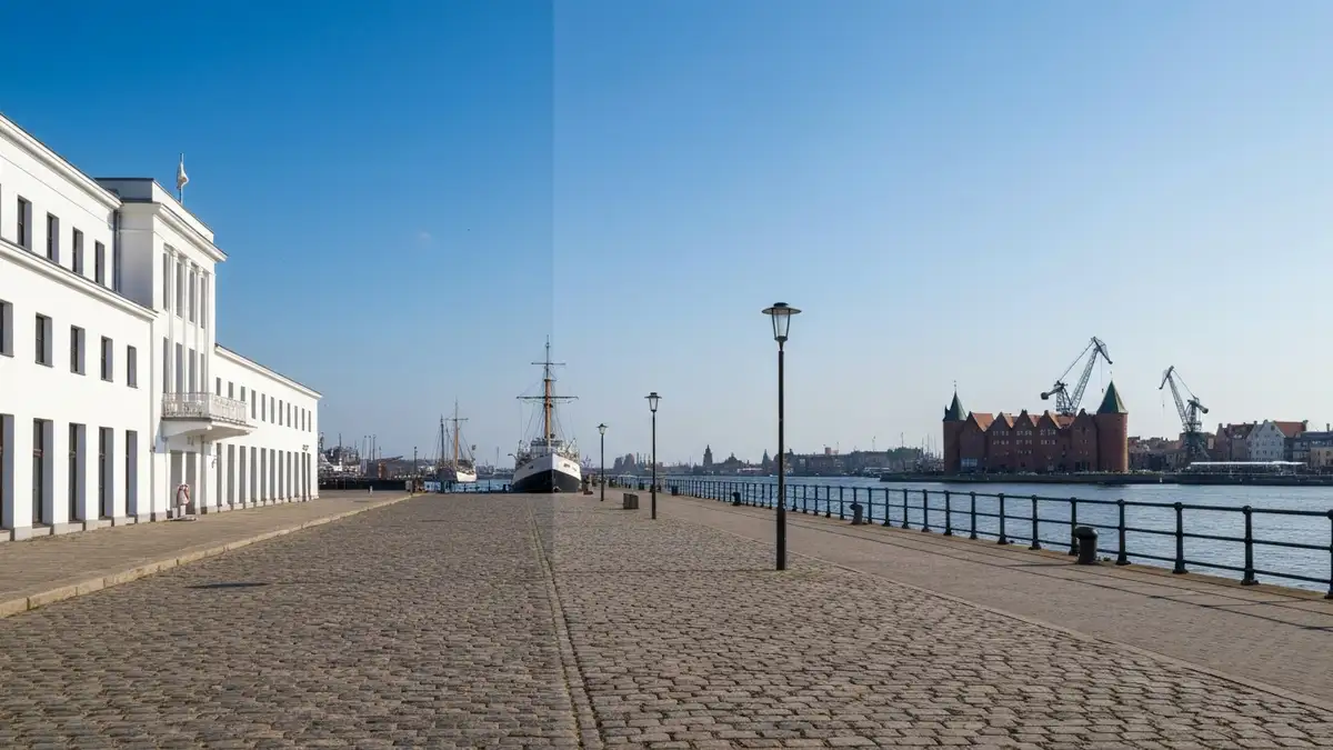 Nabrzeze w Trojmiescie z modernizmem Gdyni i sylwetkami zabytkow Gdanska
