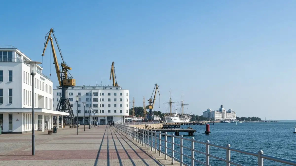 Nadmorska trasa w Gdyni z portem i modernistyczna zabudowa w tle
