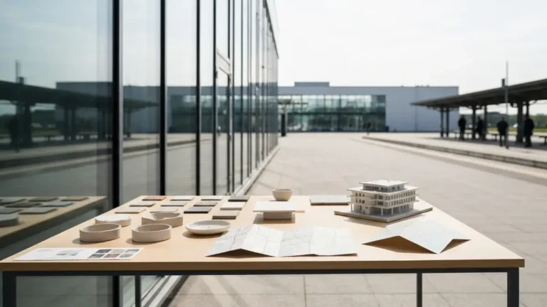 Stol z prototypami designu na tle modernistycznej Gdyni i trasy SKM przez Trojmiasto