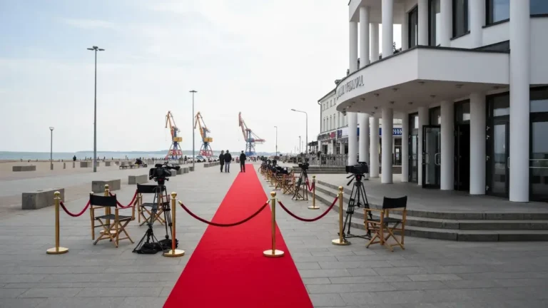 Wejście festiwalowe przy modernistycznym teatrze w Gdyni z czerwonym dywanem i portem w tle