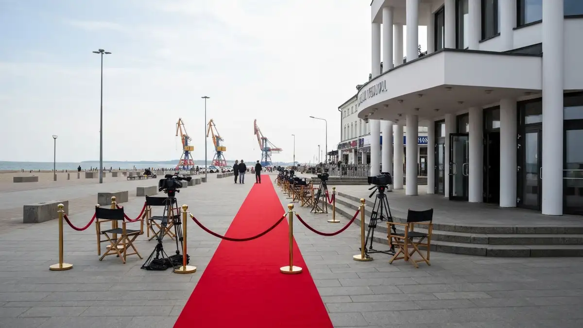 Wejście festiwalowe przy modernistycznym teatrze w Gdyni z czerwonym dywanem i portem w tle