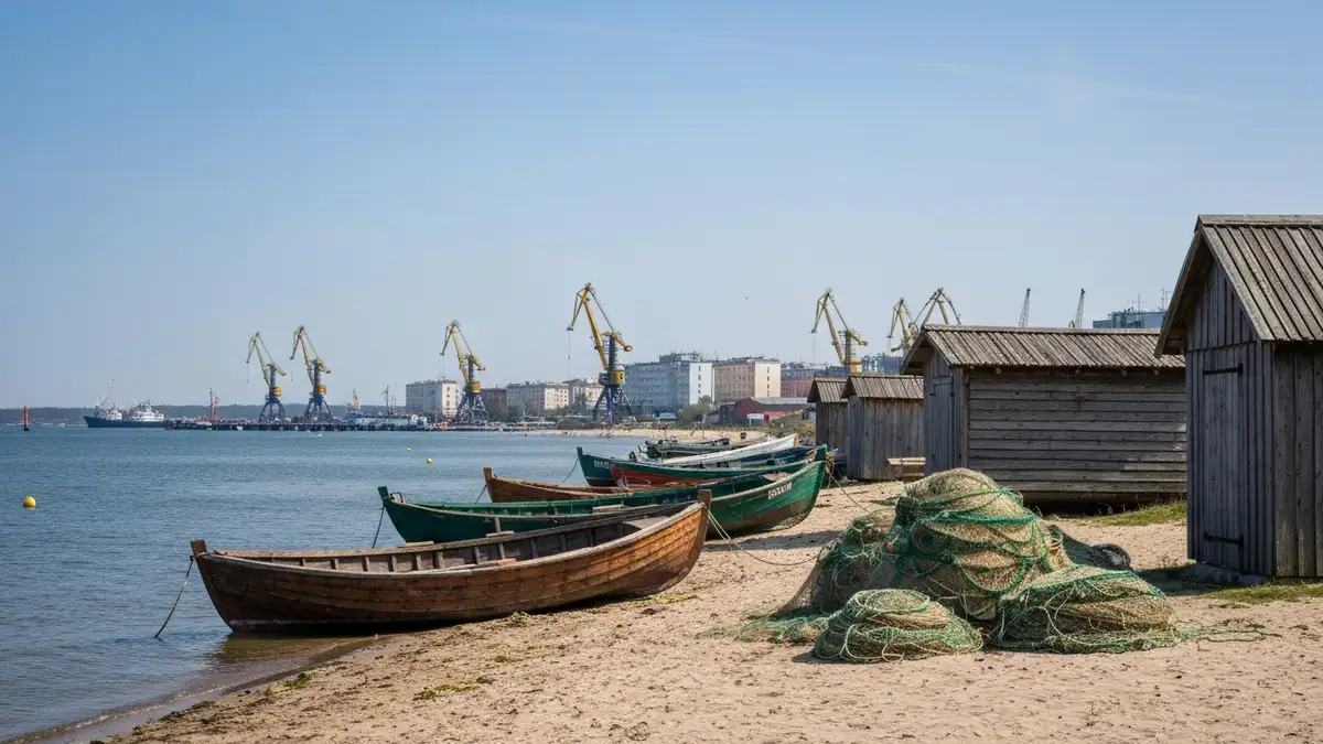 Drewniane lodzie rybackie nad Zatoka Gdanska z portem i modernistyczna Gdynia w tle