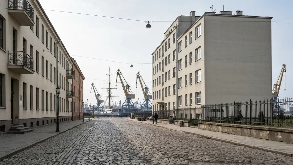 Przedwojenna Gdynia lat 30 - modernistyczna ulica z widokiem na port i morze