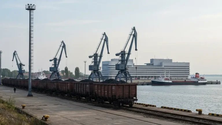 Port w Gdyni z nabrzezem, wagonami wegla i modernistyczna zabudowa w tle