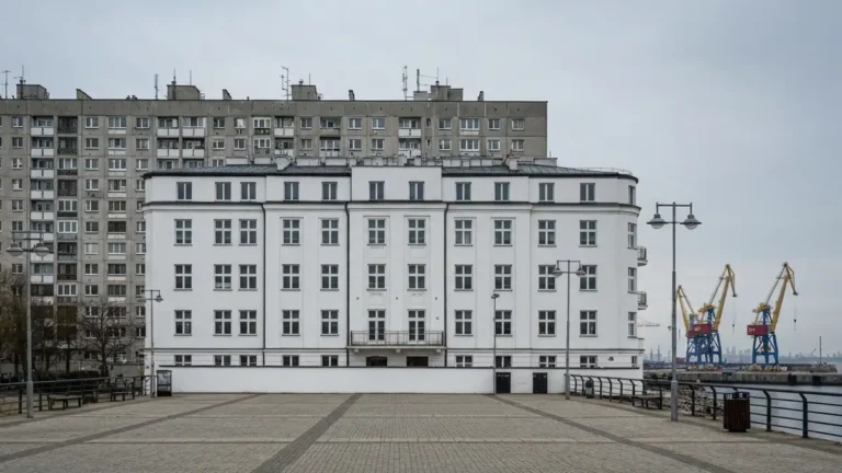 Modernistyczna Gdynia z portem i powojennymi blokami w tle