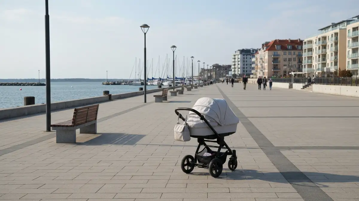 Wozek dzieciecy na plaskiej promenadzie przy marinie w Gdyni