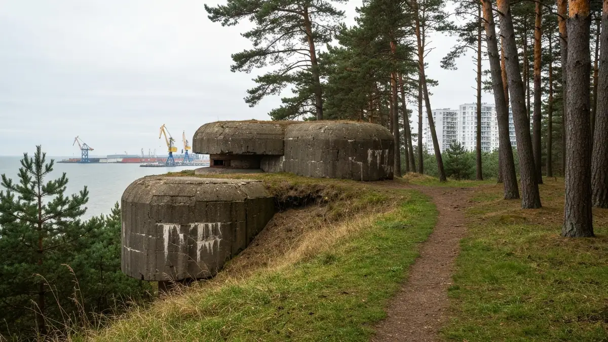 Betonowy relikt wojenny na lesistym klifie w Gdyni z widokiem na morze i port