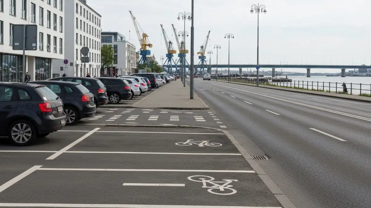 Parkowanie w centrum Gdyni w dniu festiwalu, z portem i modernistyczna zabudowa w tle