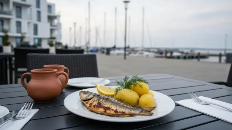Talerz z ryba przy stoliku w Gdyni, w tle nadmorska zabudowa i marina